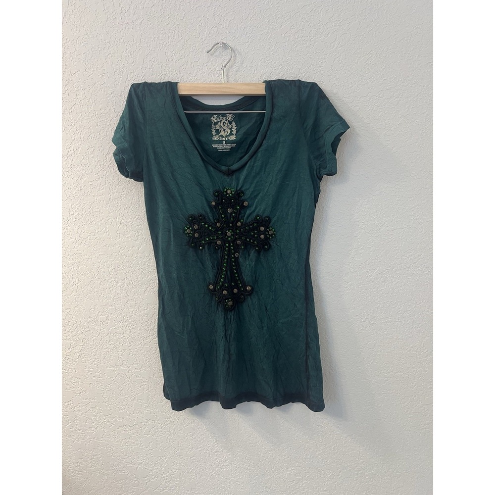 Velvet Stone Women S Rhinestone Cross V-Neck T-Shirt Rocker Gothic USA